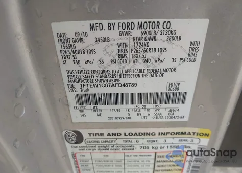 2010 Ford F-150 Fx2 Sport/Xl/Xlt from USA, damaged, VIN 1FTEW1C87AFD48789